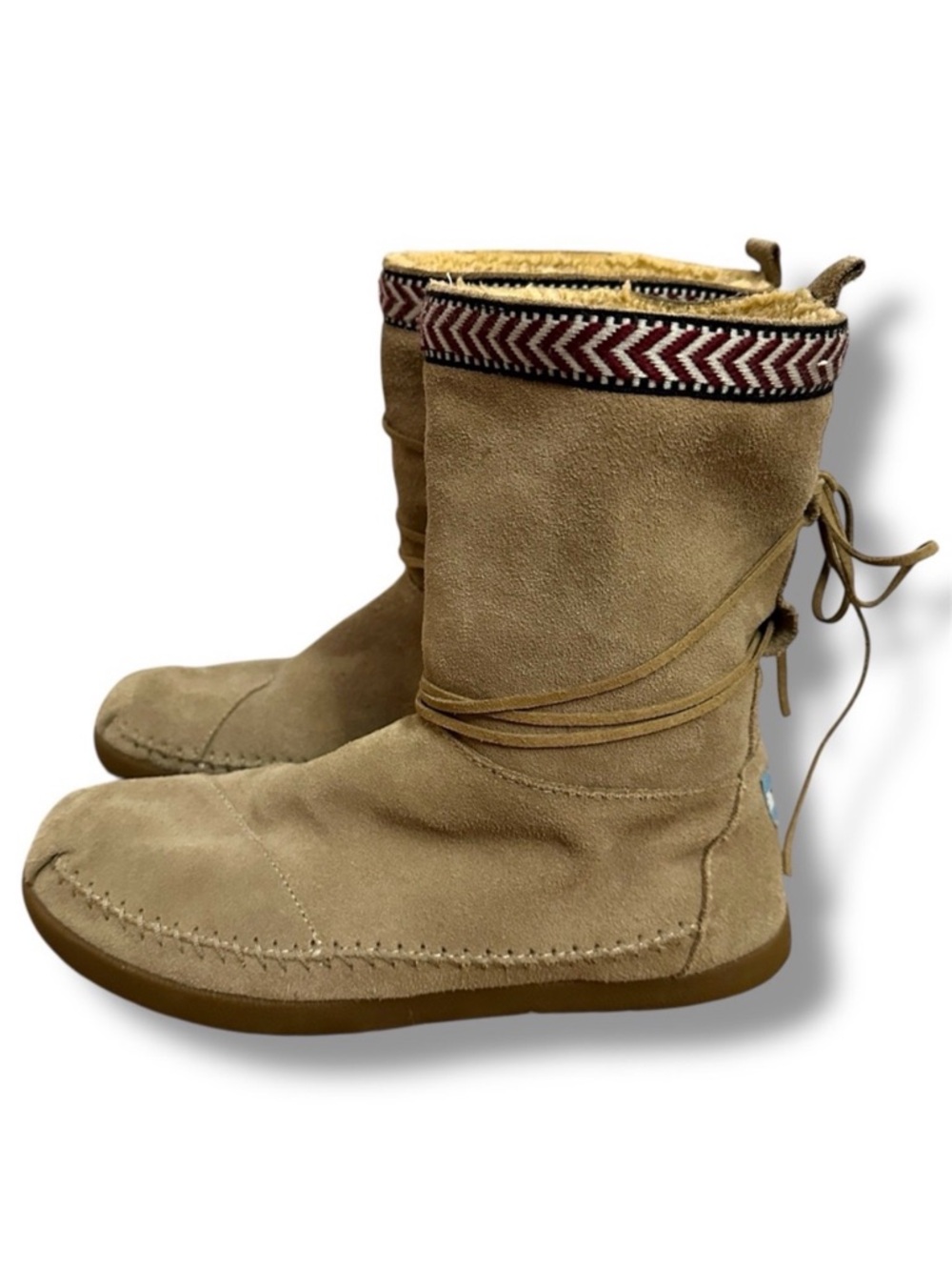 Toms Nepal Tan Suede Leather Faux Fur Lined Moccasin Boots Women’s Size 10 Boho